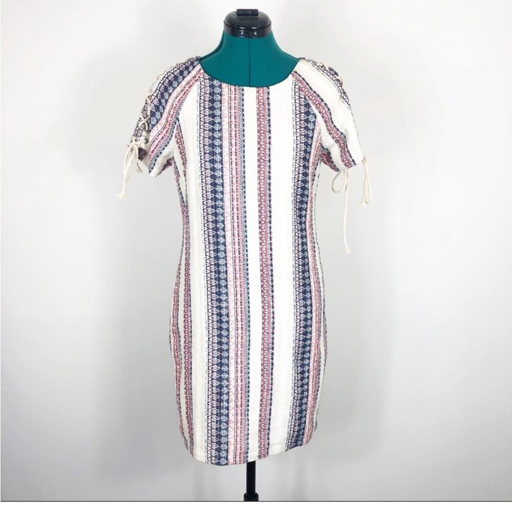 Ethereal by paper crane tan striped mini dress with lace up shoulders